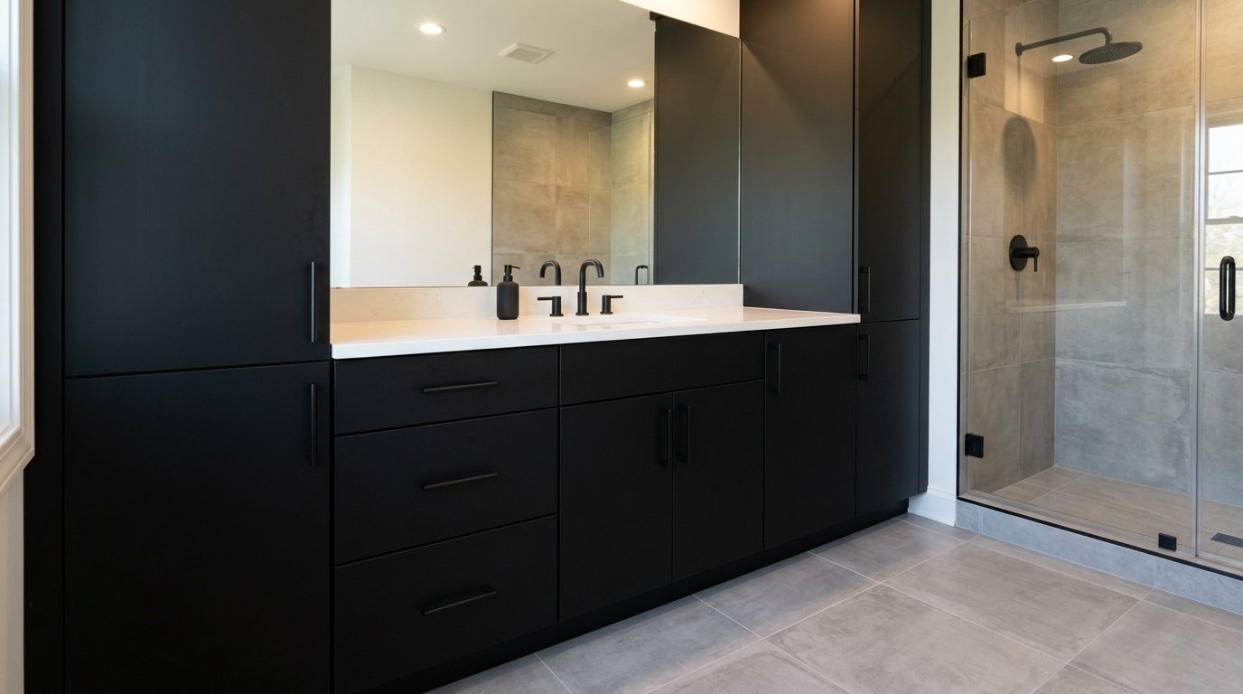 Black vanity in a remodeled Central New Jersey bathroom