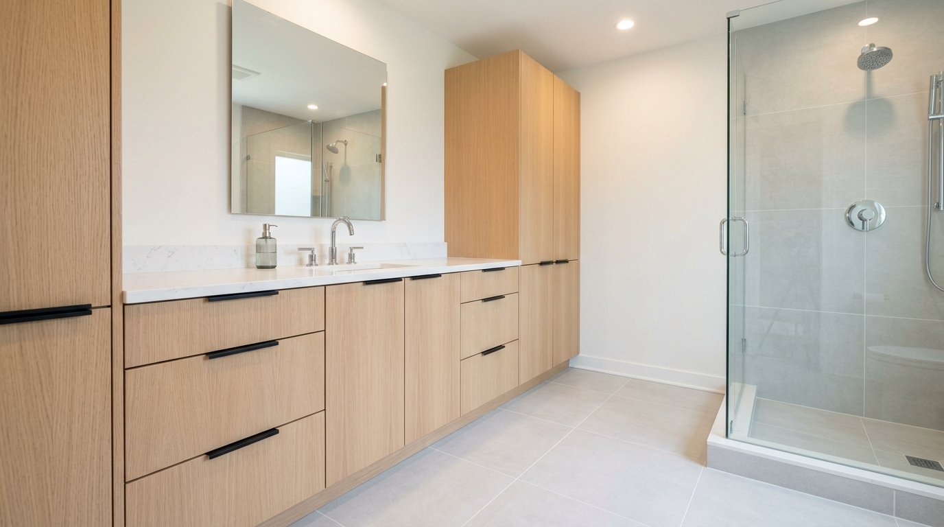 Open concept primary suite with semi-private bath