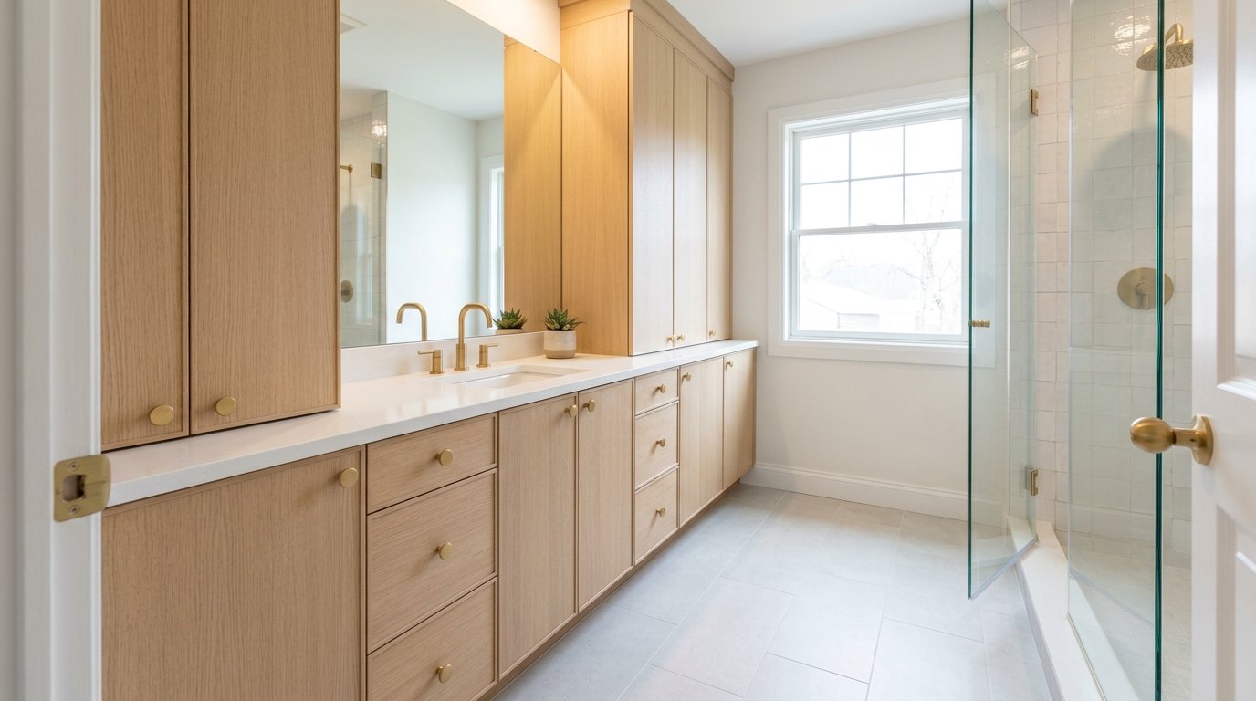 Primary suite layout showing open vanity and enclosed shower