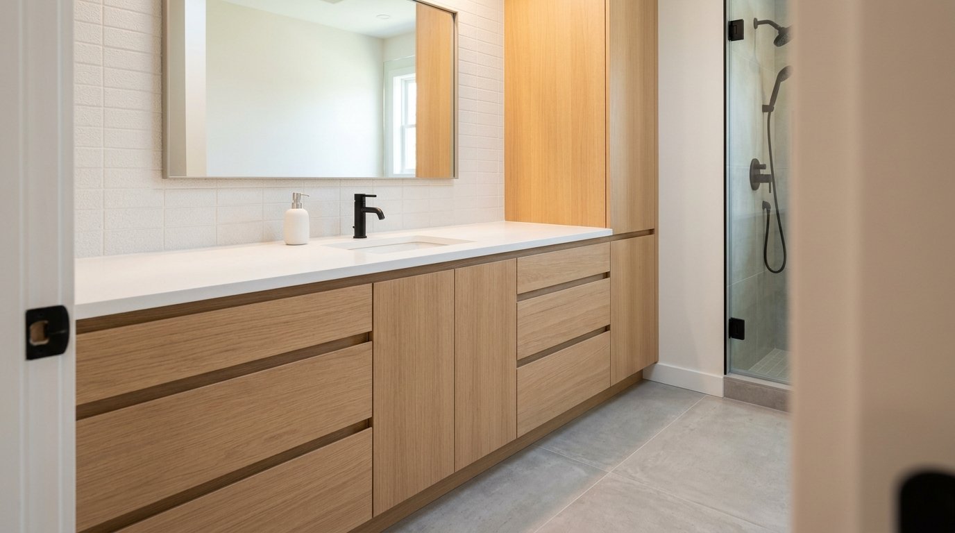 Bathroom vanity storage in semi-open primary suite
