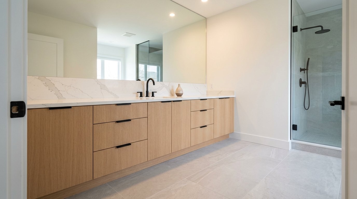 Modern open concept bathroom with freestanding tub