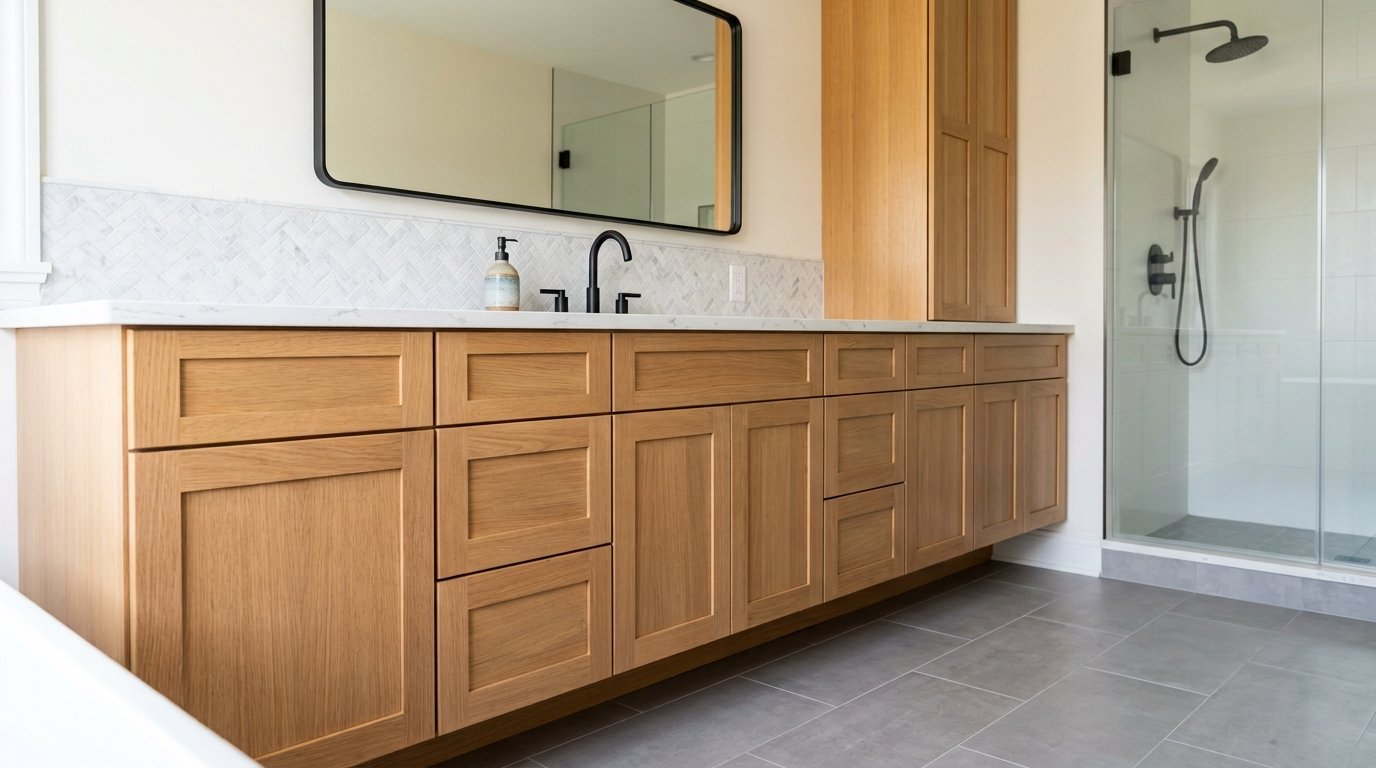 Modern frameless bathroom vanity with slab doors