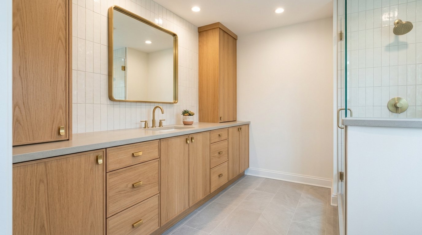 Bathroom vanity with coordinated wood cabinetry