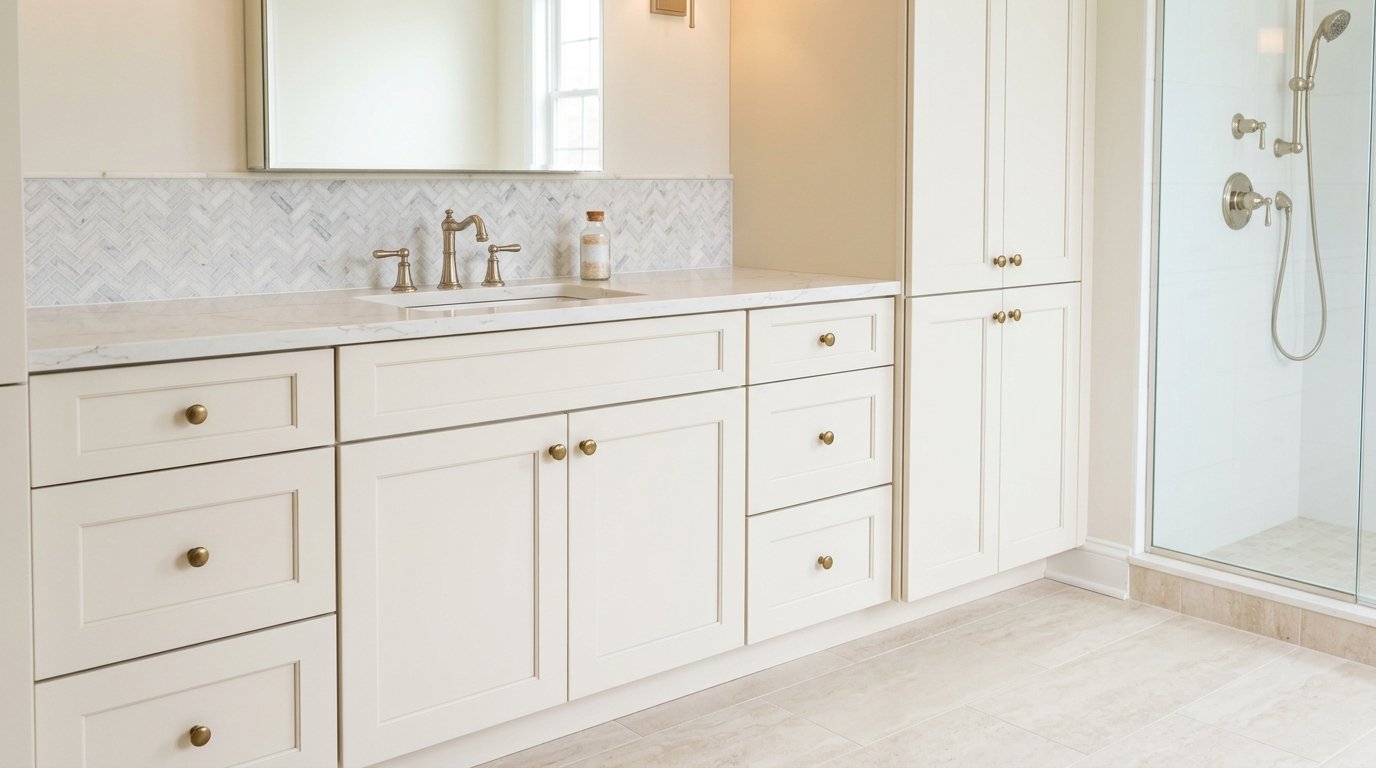Cream vanity paired with quartz countertop and tile