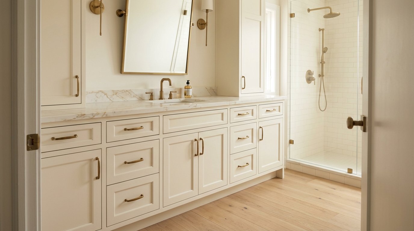 Frameless cream vanity in compact New Jersey bathroom