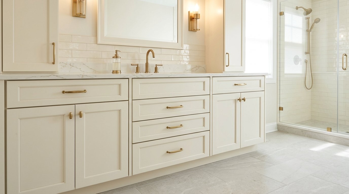 Cream bathroom vanity in full remodel package