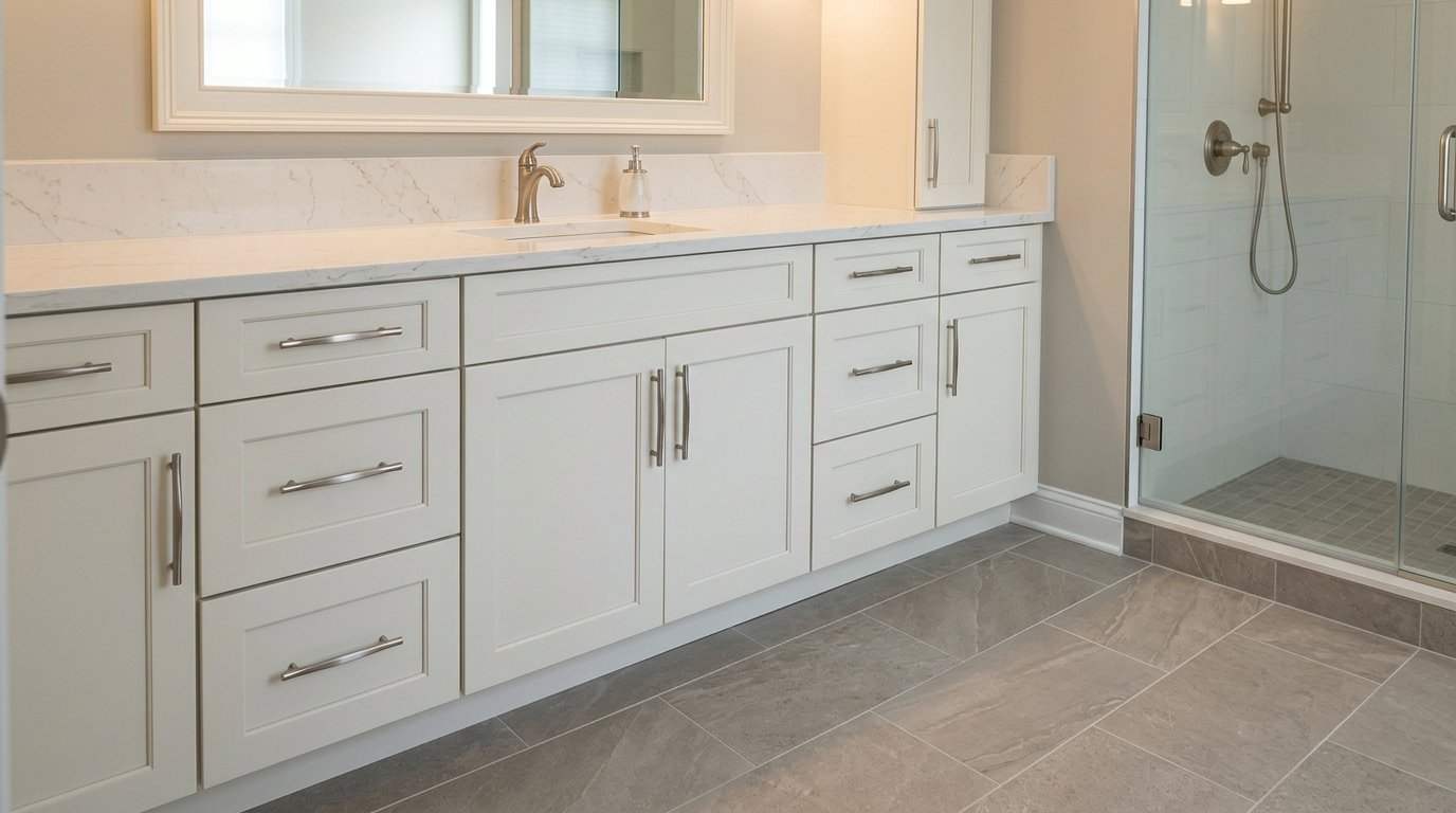 Bathroom vanity cabinetry suited to transitional style