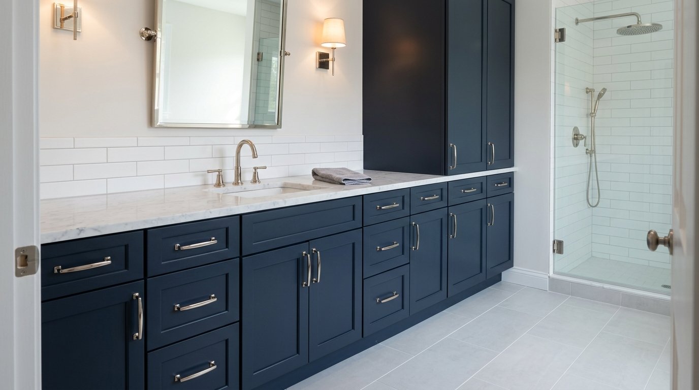 Transitional bathroom vanity with organized storage